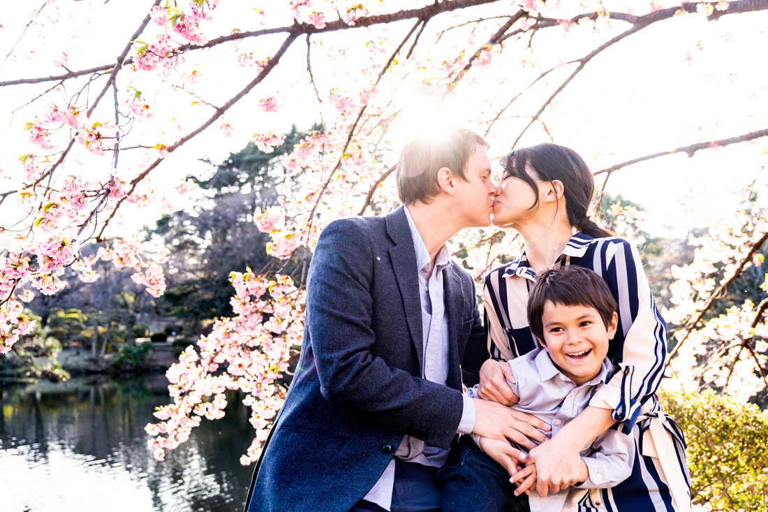 parents kiss under cherry blossoms